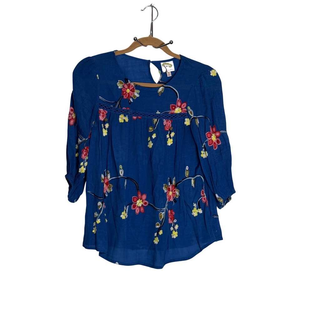 Fig and Flower Anthro Blue Embroidered‎ Floral Boho Blouse 3/4 Sleeve  S